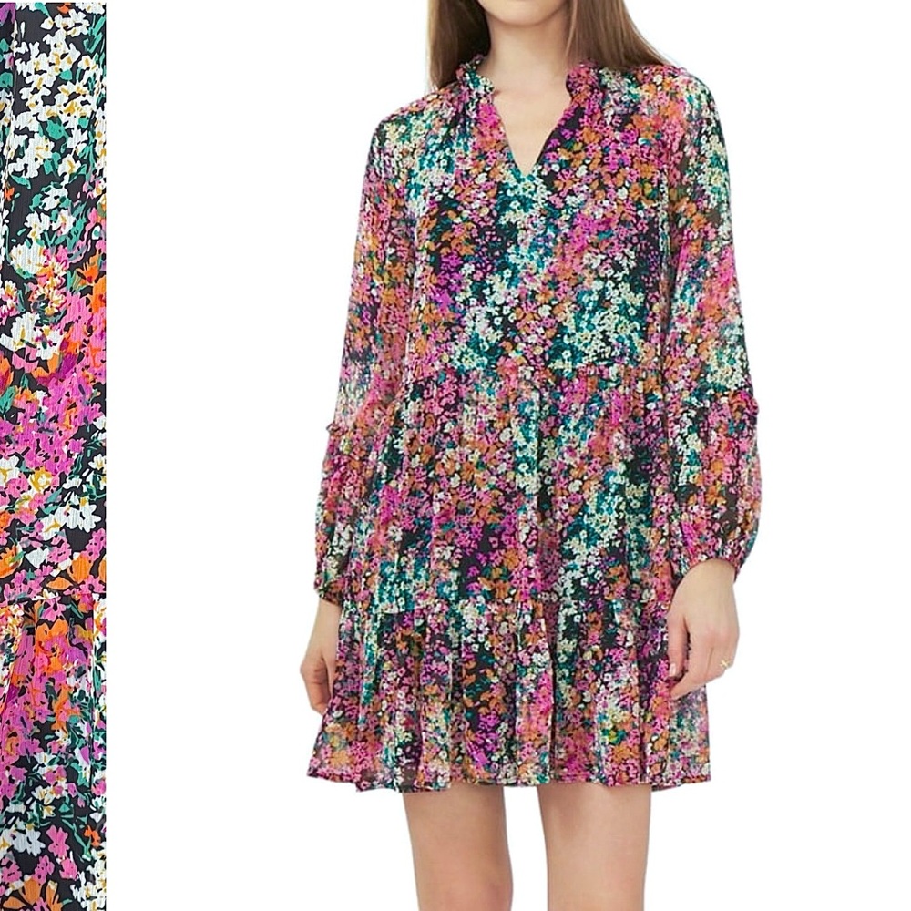 VINCE CAMUTO Chiffon Tiered Mini Dress Long Balloon Sleeve Floral Print